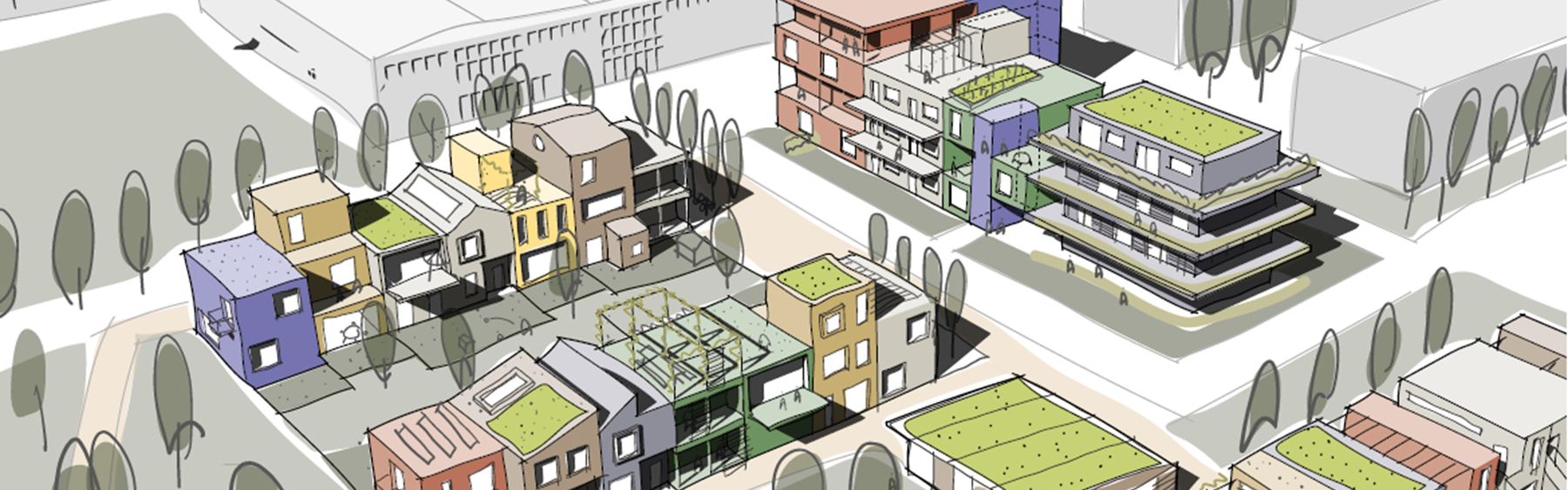 Illustration af hvordan området ved selvbyg boligerne kan se ud
