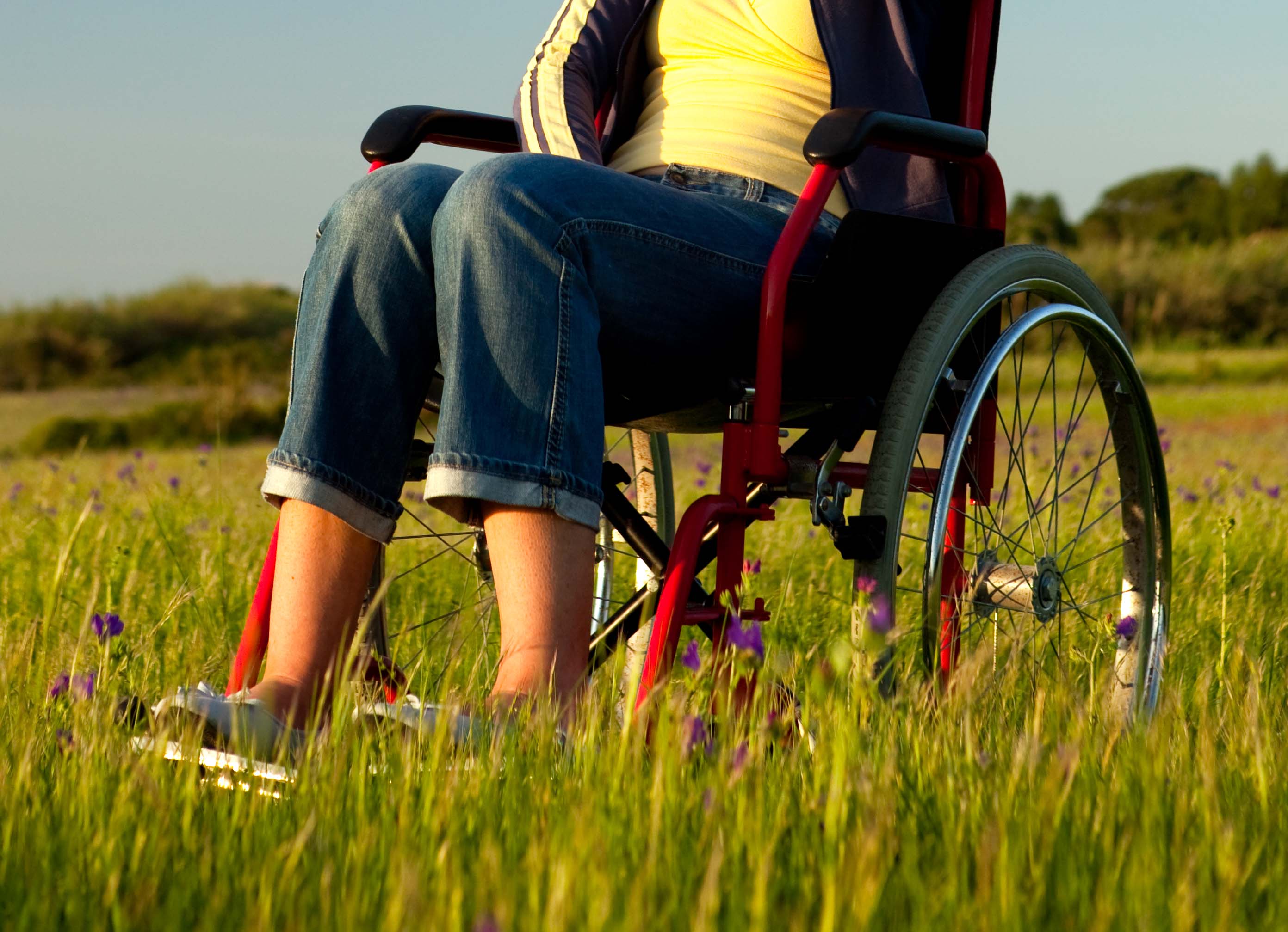 Person i kørestol på græseng
